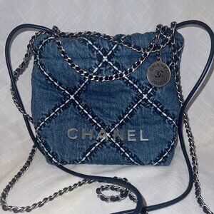 NWOT $6500 Chanel 22 Mini Quilted Blue Denim Crossbody Shoulder Strap Handbag